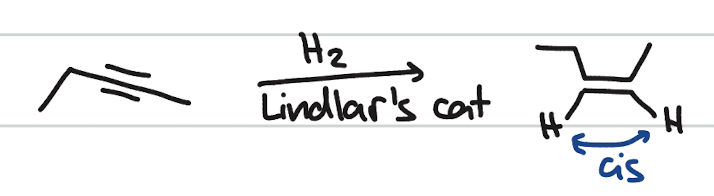 <p>addition of H and H on alkynes (cis product)</p><p>occurs when: Lindlar’s cat; H2; alkyne only</p><p>stereochemistry: syn addition</p>