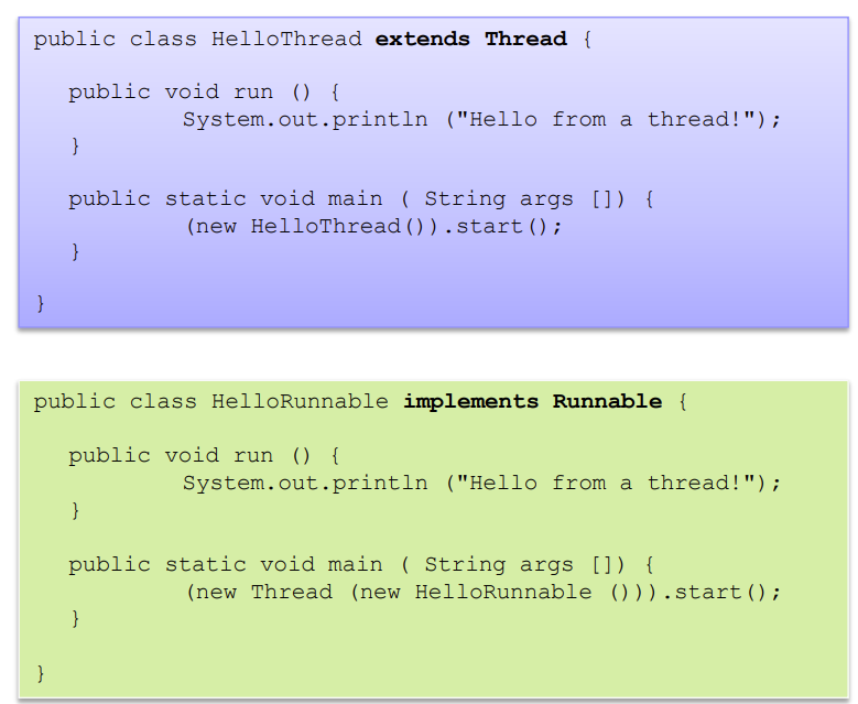 In two ways: Using (and extending) *Thread* class, or using *runnable* interface.