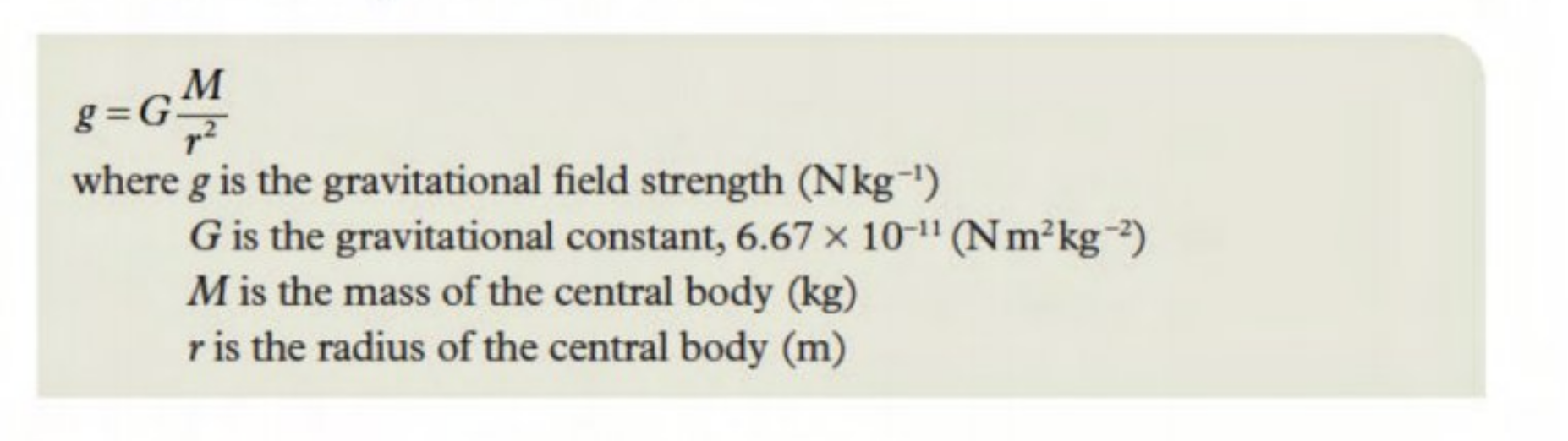 <p>At an altitude above Earth’s surface = g=GM/(r+altitude)²</p>