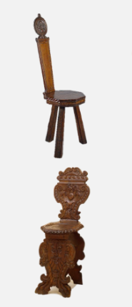 <p><span style="color: rgb(0, 0, 0);">- A lighter rather uncomfortable wooden<br>chair.<br>- It is usually used for dining.<br>- Early examples had <strong>three legs, small<br>octagonal seats and stiff backs.</strong><br>- Later ones had elaborately carved<strong> trestle<br>or slat supports and backs.</strong></span></p>