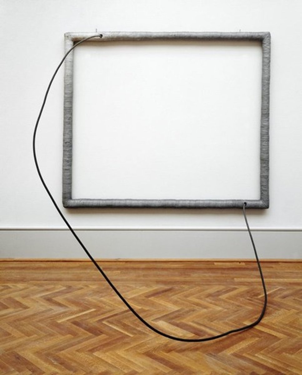 <p>A large, empty frame wrapped in cloth with a metal rod extending into the room, creating a humorous yet unsettling, absurd, and "absurdly" physical object.</p>