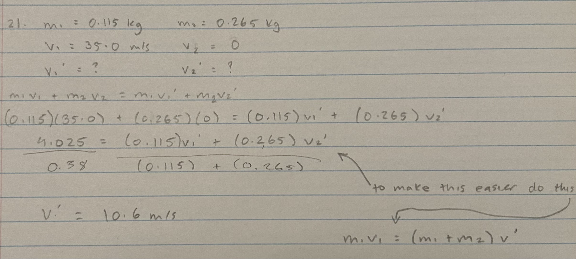 <ol start="21"><li><p>A hock puck, mass 0.115 kg, moving at 35.0 m/s, strikes a rubber octopus thrown on the ice by a fan. the octopus has a mass of 0.265 kg. the puck and octopus slide off together. find their velocity.</p></li></ol><p></p>