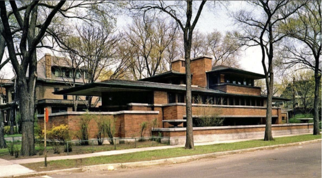<p>Wright was influential in American architecture (wanted houses to fit into nature and be organic)</p><p>Chicago, Illinois</p><p>Prairie Style</p><p>Chicago was flat, so the house would be flat, very horizontal</p><p>house is several levels, lapping asymmetrically</p><p>long halls/ rooms </p>