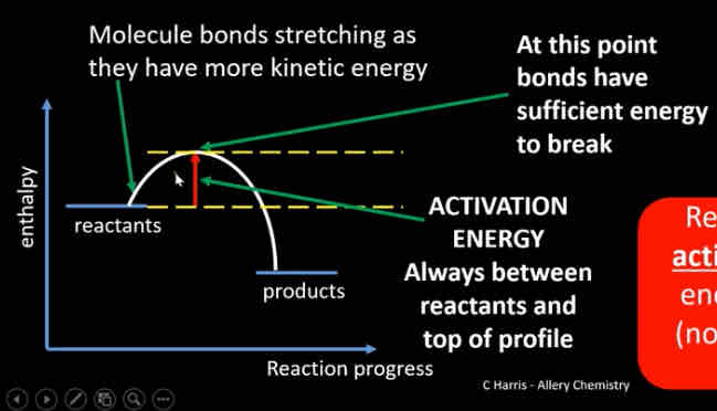 <p>Show the energy change in a reaction</p><ul><li><p>reactions that have a low activation energy need less energy to break the bonds </p></li></ul>