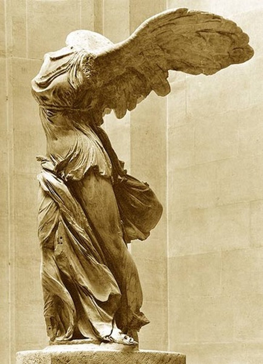 <p>Form:<br>-marble<br>-textures shown<br>-very dramatic motion, explosive, <br>-forward movement counteracted by the backward movement of her wings<br>Content:<br>-nike lands on front of ship descending from the heavens<br>-wet drapery look to the sculpture<br>-twist and contrapposto of the torso<br>Function:<br>-war monument<br>-commemorating a naval victory<br>-nike is a symbol of victory<br>Context:<br>- 190 BCE Hellenistic Greek</p>