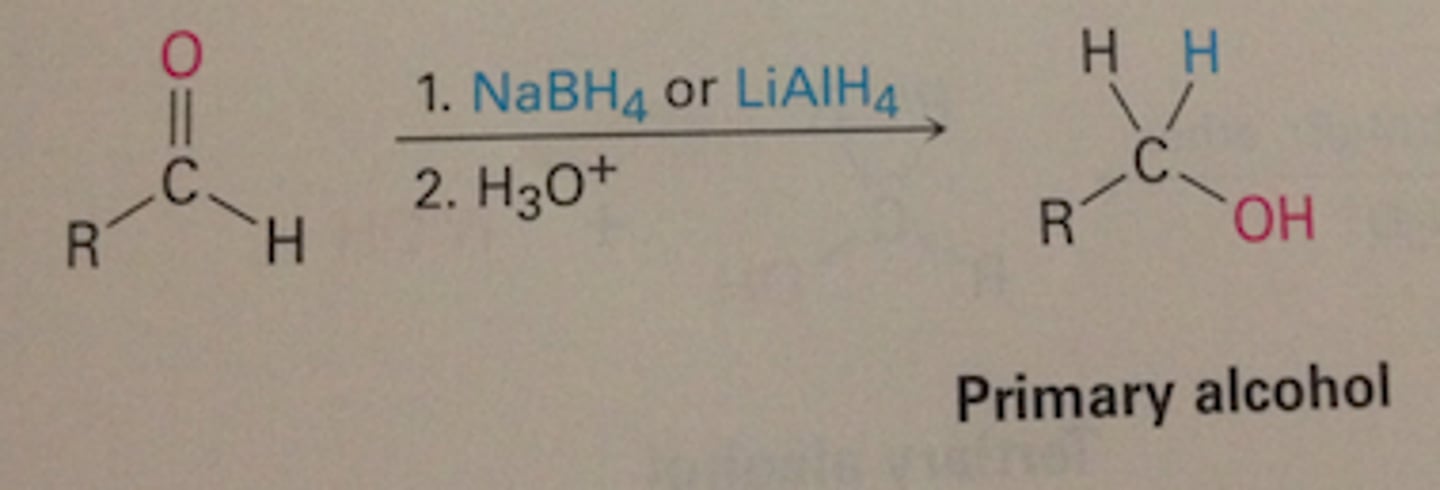 <p>LiAlH4, NaBH4- add h to c=o bond and with workup o becomes oh</p>