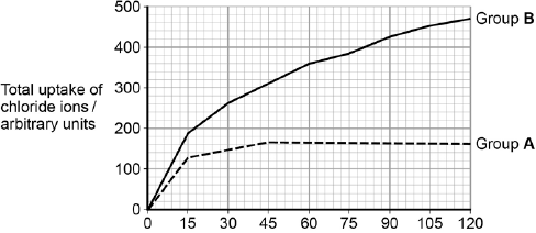 <p><span>Students investigated the uptake of chloride ions in barley plants. They divided the plants into two groups and placed their roots in solutions containing radioactive chloride ions.</span></p><p class="MsoNormal"><span style="font-family: Arial, sans-serif;"><span>•&nbsp;&nbsp;Group </span><strong><span>A</span></strong><span> plants had a substance that inhibited respiration added to the solution.</span></span></p><p class="MsoNormal"><span style="font-family: Arial, sans-serif;"><span>•&nbsp;Group </span><strong><span>B</span></strong><span> plants did not have the substance added to the solution.</span></span></p><p class="MsoNormal"><span>The students calculated the total amount of chloride ions absorbed by the plants every 15 minutes. Their results are shown in the figure below. </span></p><p class="MsoNormal"><span>Explain the results shown in figure 4 (4)</span></p>