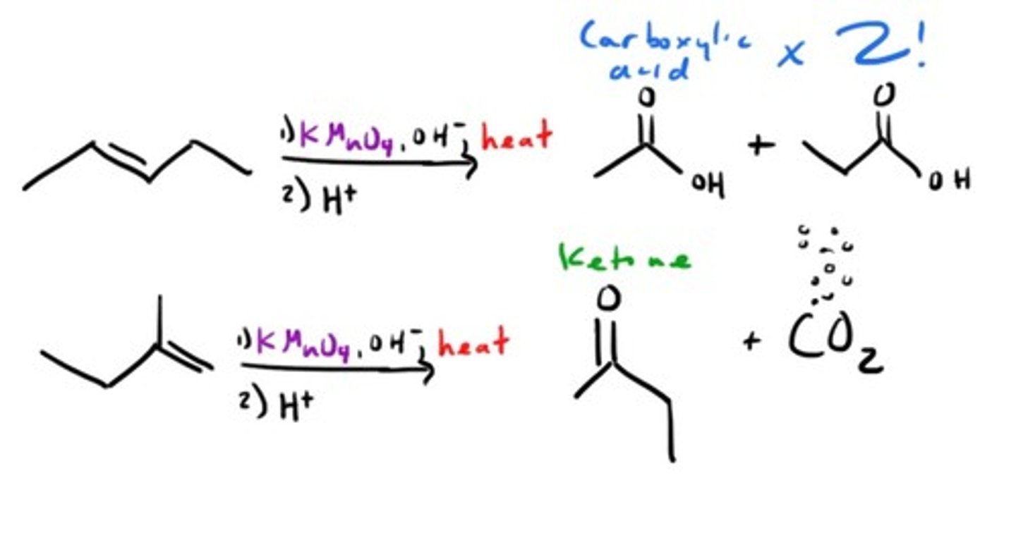 <p>cuts like ozone but aldehydes become carboxylic acids, one carbon becomes CO2</p>