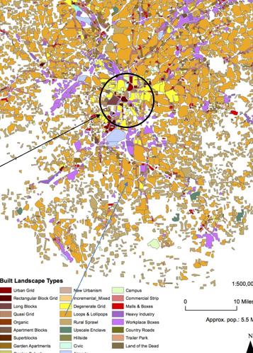 <ul><li><p>LOTS of subdivisions (suburban sprawl)</p></li><li><p>Car dominated city</p></li><li><p>Lots office parks</p></li><li><p>Poorer area in core</p></li></ul><p></p>