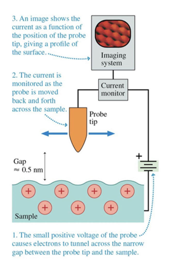 <ol><li><p>small positive voltage of the probe causes electrons to tunnel across the narrow gap between the probe tip and the sample </p></li><li><p>the current is monitored as the probe is moved back and forth across the sample </p></li><li><p>an image shows the current as a function of the position of the probe tip, giving a profile of the surface </p></li></ol><p></p>