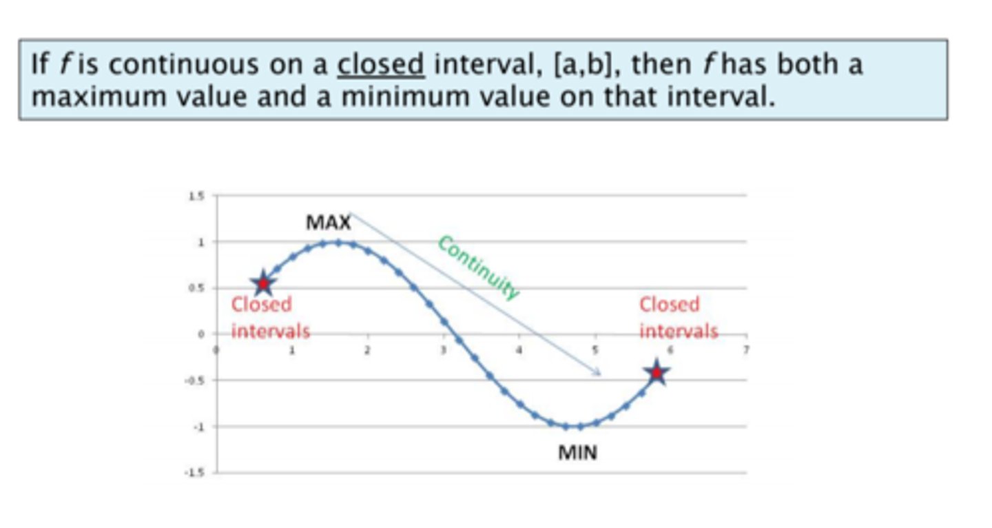 <p>If f is continuous over a CLOSED interval, then f has at LEAST one maximum and minimum value over that interval</p>