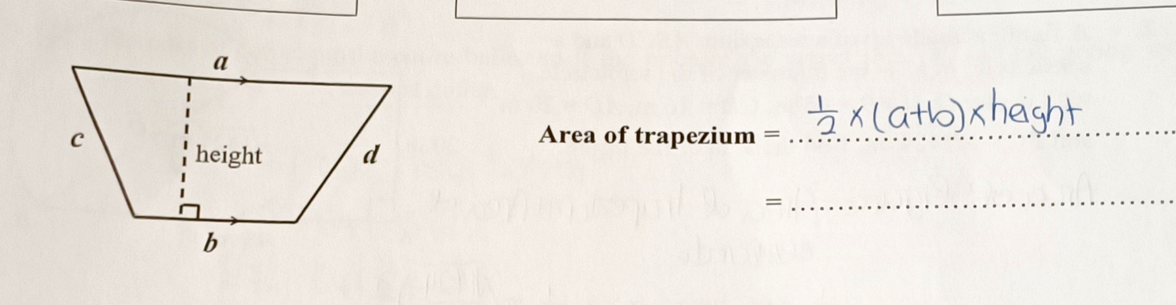 <p>1/2 x (a+b) x height</p>