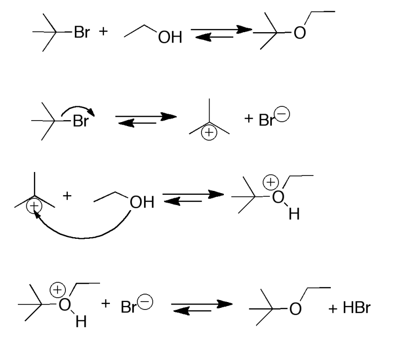 <ol><li><p><span>S<sub>N</sub>1 reaction so first Br reversibly dissociates in alkyl halide</span></p></li><li><p><span>Then the oxygen from the alcohol attacks the positively charged alkyl group</span></p></li><li><p><span>The bromine then deprotonates the OH group to form an ether and HBr</span></p></li></ol><p></p>
