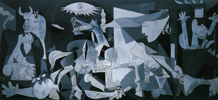 <p><strong>Artist’s Goal</strong> </p><ul><li><p>Respond to the bombing of Guernica during the Spanish Civil War</p></li><li><p>Create a universal anti-war statement against Fascist violence</p></li><li><p>Convey the chaos, fragmentation, and psychological trauma of modern warfare</p></li></ul><p> <strong>What It Says About Artist / Society / History</strong> </p><ul><li><p>Picasso’s political stance against Franco’s regime and totalitarian brutality</p></li><li><p>Reflects the horrors of aerial warfare and attacks on civilians</p></li><li><p>Shows the modern world’s fear, instability, and loss of moral grounding</p></li><li><p>Demonstrates how art in the 20th century becomes explicitly political and global</p></li></ul><p> <strong>How the Message Is Communicated</strong> </p><ul><li><p>Fragmented, shattered forms visually mirror <strong>trauma and chaos</strong></p></li><li><p>Monochrome palette evokes <strong>newspaper photographs</strong>, tying art to modern reporting</p></li><li><p>Distorted faces and screams show <strong>psychological suffering, not heroic sacrifice</strong></p></li><li><p>Collapsing spaces create an overwhelming sense of <strong>disorientation and violence</strong></p></li></ul><p></p>