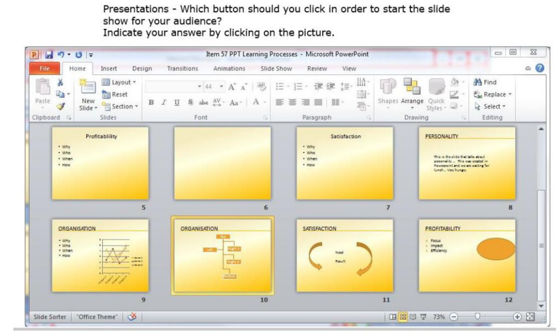 <p>Which button should you click in order to start the slide show for your audience?</p>