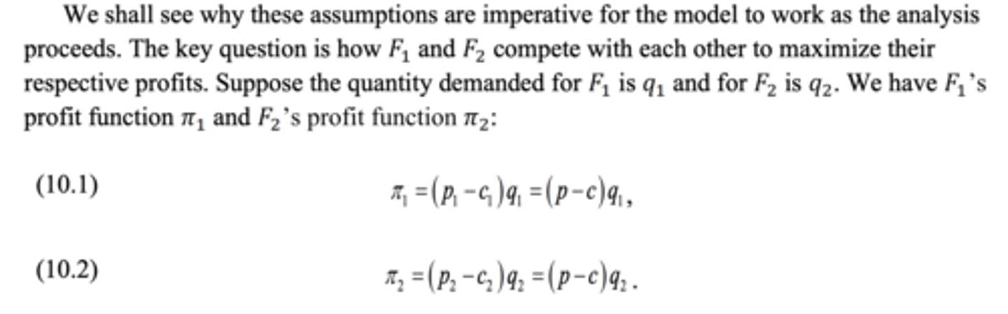 <p>• Both sell the same product but their locations could be different</p><p>• Both have no constraint of production capacity</p><p>• Both have the same constant marginal cost: 𝑐1 = 𝑐2 = 𝑐</p><p>• Both charge the same price: 𝑝1 = 𝑝2 = 𝑝</p>