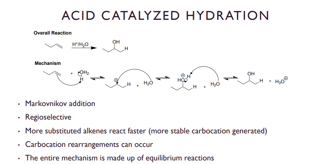 <p>Step 1)Protonation by acid, slow step</p><p>Step 2) Water acts as a nucleophile, creating an oxonium ion</p><p>Step 3) Deprotonation of the oxonium, leaving us with an OH group and a hydrogen</p>