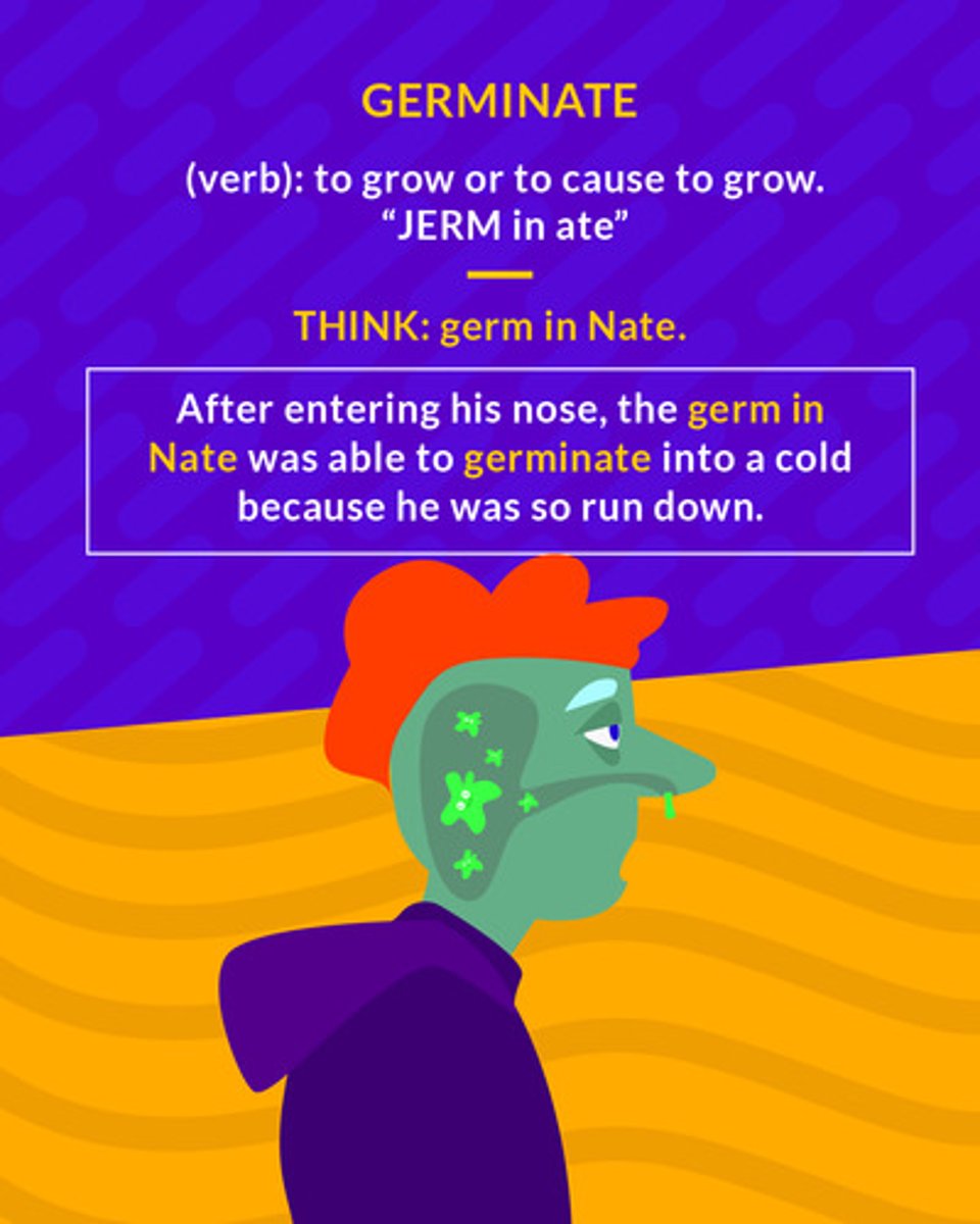 <p>to begin to grow, come into being</p><p>(verb) to begin to grow</p>