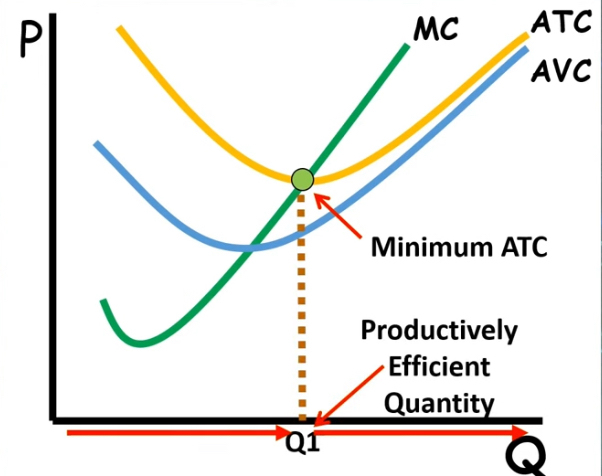 <ol><li><p>ATC’s minimum intersects MC</p></li><li><p>when mc is below ATC → ATC falls</p></li><li><p>when mc is above ATC→ ATC rises</p></li><li><p>Productive efficient Q is found at ATC’s minimum [producing at the lowest AVC]</p></li><li><p>MC = ATC at minimum</p></li></ol><p></p>