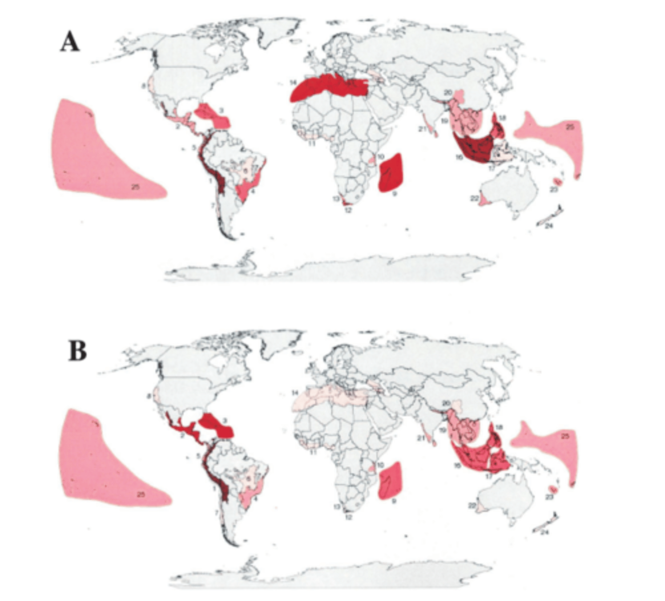 <p>relatively small areas of land that contain an exceptional number of endemic species that are at high risk from human activities</p>