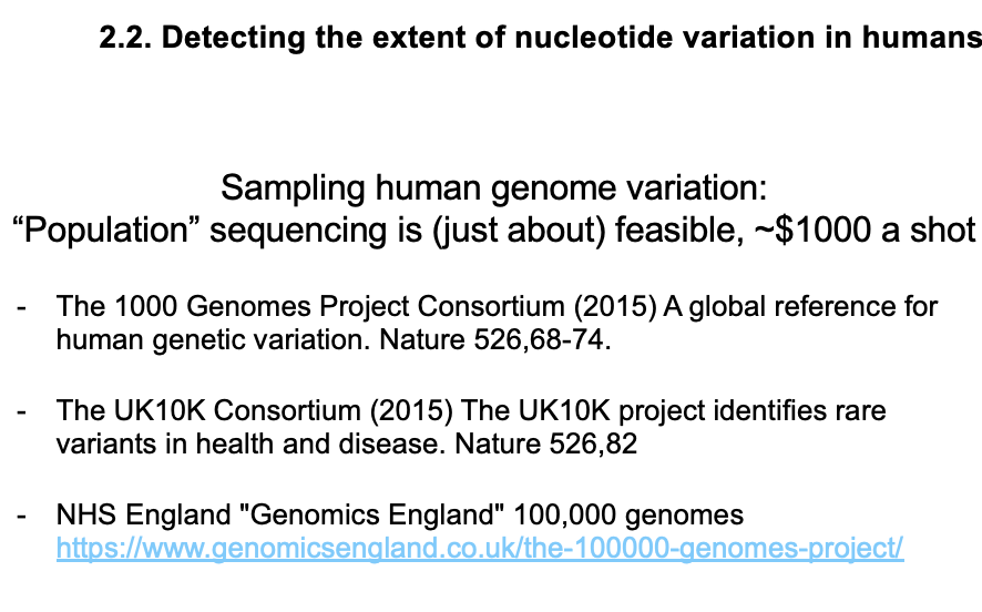 <ol><li><p>1000 genomes consortium</p></li><li><p>UK10K consortium (2015)</p></li><li><p>NHS England Genomics England</p></li></ol><p></p>