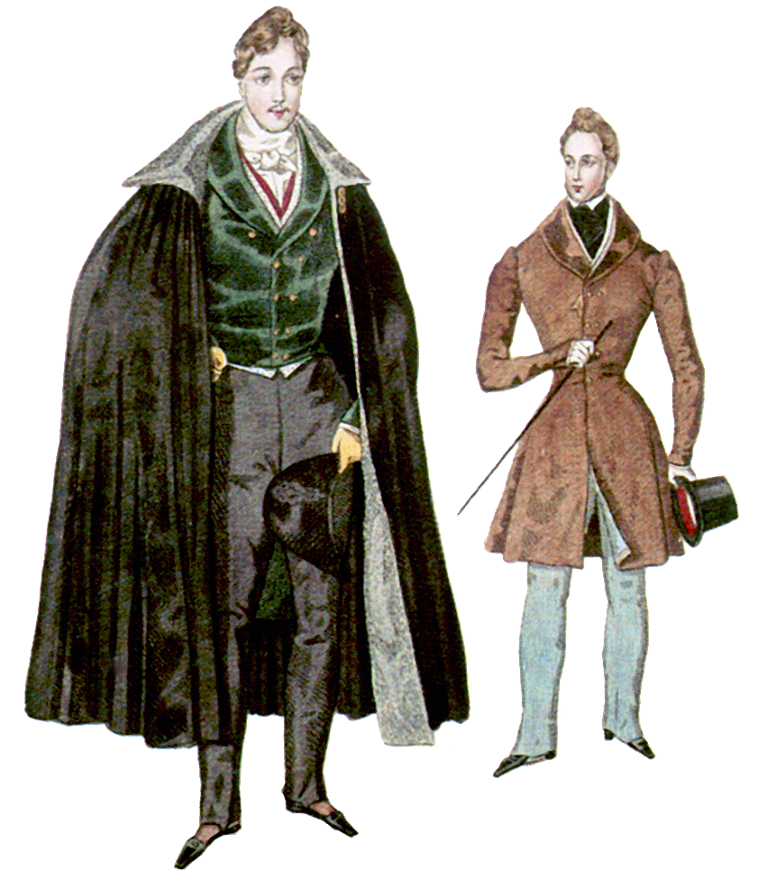 <ul><li><p><span style="background-color: transparent;"><span>silhouette of men’s clothing was a faint echo of that of women with narrow waists, flared skirts on coats, and slight enlargement and rounding of sleeves, padded hips</span></span></p></li><li><p><span style="background-color: transparent;"><span>underdrawers, shirts, waistcoats, trousers, and coats</span></span></p></li><li><p><span style="background-color: transparent;"><span>Men’s styles, like women’s, became more subdued in the last decade of the Romantic Period</span></span></p></li><li><p><span style="background-color: transparent;"><span>Outdoors, men wore overcoats or, for more formal occasions, cloaks.</span></span></p></li></ul><p></p>