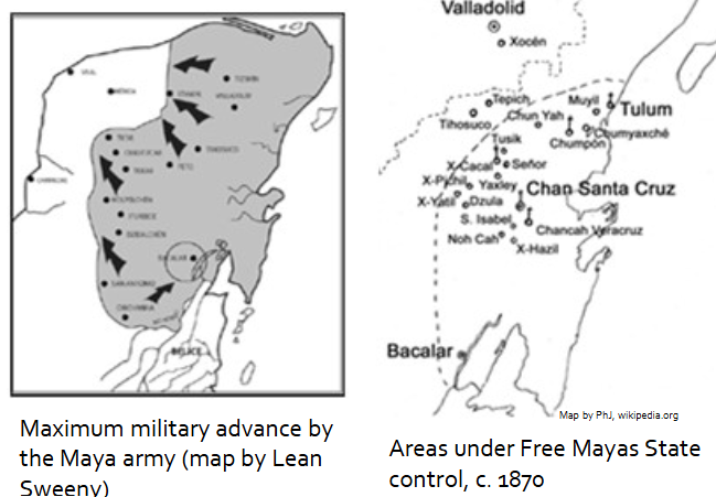<p>• Liberal caudillos of Yucatan pushed to expand the henequen and sugar cane industry, particularly in the west</p><p>• Many fled to Quintana Roo in the east, which was historically less controlled by the Spanish</p><p>• Chan Santa Cruz (today Felipe Carrillo Puerto) became the center of a Maya rebellion, beginning in 1847</p><ul><li><p>The symbol of the rebellion was the “Talking Cross”</p></li></ul><ul><li><p>Over 100,000 Maya joined the rebellion</p></li></ul><ul><li><p>Drove all Spanish and creoles from Chan Santa Cruz</p></li></ul><ul><li><p>Proclaimed an independent “State of the Cross”</p></li></ul><ul><li><p>Founded new cities, established using principles of pre-Hispanic Maya cosmology</p></li></ul><p></p><p>• From the late 1850s to 1893, the UK recognized the Free Maya State, because it facilitated trade through Belize</p><p>• However, in 1893, the Maya conquered Bacalar and killed British citizens along with the creole garrison</p><p>• The city of Chan Santa Cruz was finally occupied by the Mexican army in 1901</p><p>• Formal resistance continued until the signing of a peace treaty in 1935</p><p>• Talking crosses remain an important part of local culture in the eastern Yucatan </p>