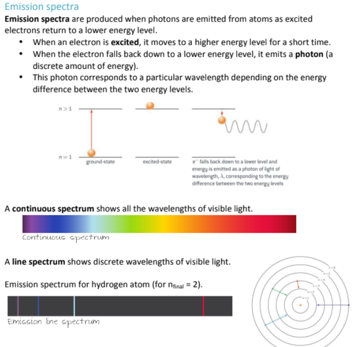 <p>An Emission Spectrum are produced  when an electron is excited from a lower to a higher energy level; Whenever the electron falls down to a lower energy level, it emits a photon which is perceived as a different colored light;<br><br>THE TWO TYPES OF EMISSION SPECTRA:<br>CONTINUOUS SPECTRUM = Shows all wavelengths of visible light (a rainbow)<br><br>LINE SPECTRUM = Generally against a dark background, only shows distinct bright lines at specific wavelengths that correspond to the energy transitions of electrons in an atom (black with a few lines)</p>
