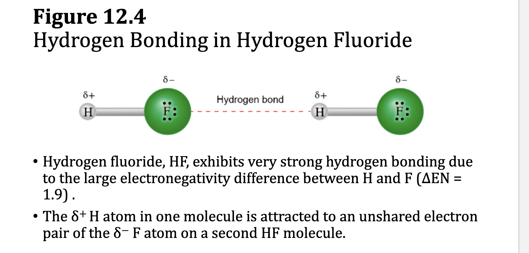 <p><span style="color: rgb(0, 0, 0)">• A hydrogen bond is a special case of dipole–dipole attractions and is<br>stronger than other dipole–dipole attractions.<br>• Hydrogen bonding requires two very specific components:<br>• A hydrogen bond donor molecule containing a partially positive H atom<br>bonded to F, O or N<br>• A hydrogen bond acceptor molecule containing a partially negative N, O<br>or F with lone pair electrons<br>• A hydrogen bond is the attraction between the δ + H in the donor molecule<br>and a lone pair of electrons on the δ − O, N, or F of the acceptor molecule.</span></p>