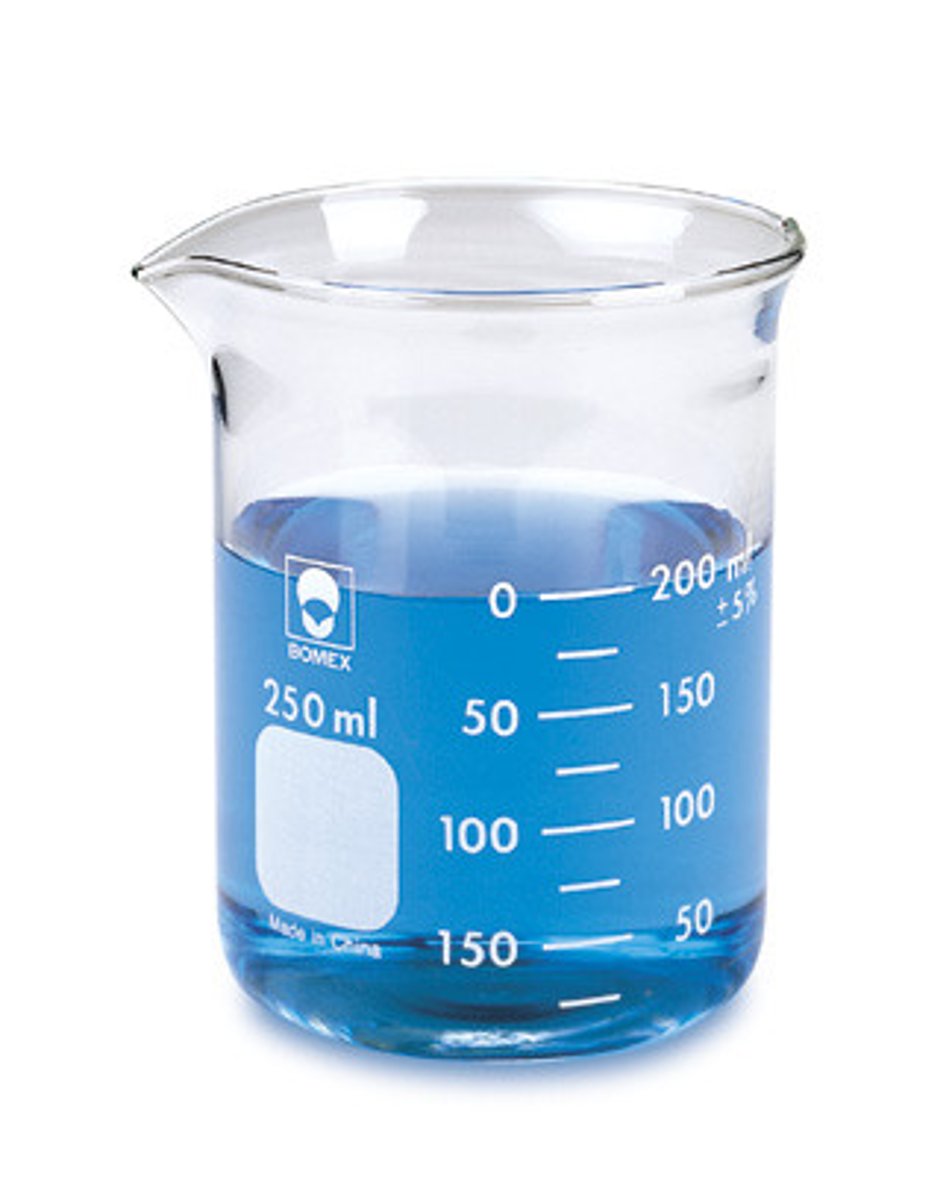 <p>A lipped cylindrical glass container is used for holding or mixing liquids with a pouring spout; some have graduations indicating an APPROXIMATE volume of contents</p>