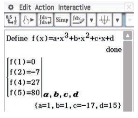 <ul><li><p>In the <strong>InM</strong> app, enter the expression <strong>ax³ + bx² + cx + d</strong> (use the <strong>Var</strong> keyboard for a, b, c, d).</p></li><li><p>Highlight the expression and go to <strong>Interactive</strong> &gt; <strong>Define</strong>.</p></li><li><p>Tap the <strong>simultaneous equations</strong> icon on the Math1 keyboard, tap twice to expand for four equations.</p></li><li><p>Enter the known values:</p><ul><li><p>f(1) = 0</p></li><li><p>f(2) = -7</p></li><li><p>f(4) = 27</p></li><li><p>f(5) = 80</p></li></ul></li><li><p>Enter the variables <strong>a, b, c, d</strong> in the bottom right, separated by commas.</p></li><li><p>Solve for the coefficients.</p></li></ul><p></p>