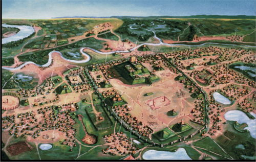 Several hundred years before Columbus arrived in America, this was the largest city and center of Native American culture in the Mississippi River Valley of North America. With a walled/fortified city of between 10,000-30,000 people in 1200 ad, it stood as the largest settled community in what is now the United States until it was surpassed in size by Philadelphia and New York around 1800. Its remains can still be visited today. Native Americans of Cohakia, and North America more generally, had not developed the scale or centralized organization of the Aztec and Inca civilizations in Central and South America. They also lacked the technologies Europeans had mastered, such as metal tools, writing, gunpowder, and the scientific knowledge necessary for long-distance travel. But they had perfected techniques of farming, hunting, and fishing, developed structures of political power and religious belief, and engaged in far-reaching networks of trade and communication.