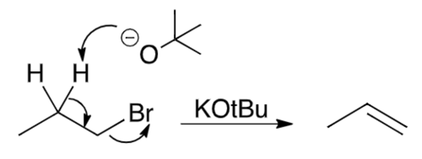 <p>Nucleophile acts as base to remove H and form alkene</p><p>- Big bases don't follow Zaitsev's rule</p><p>- Rate = k[substrate][nucleophile]</p>