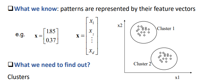 <p>in a feature vector there is an object x, and the [ ] shows the values of its features e.g., first 1 has 2 features, 2nd x has d features. compare the feature vectors of objects to cluster the date</p>