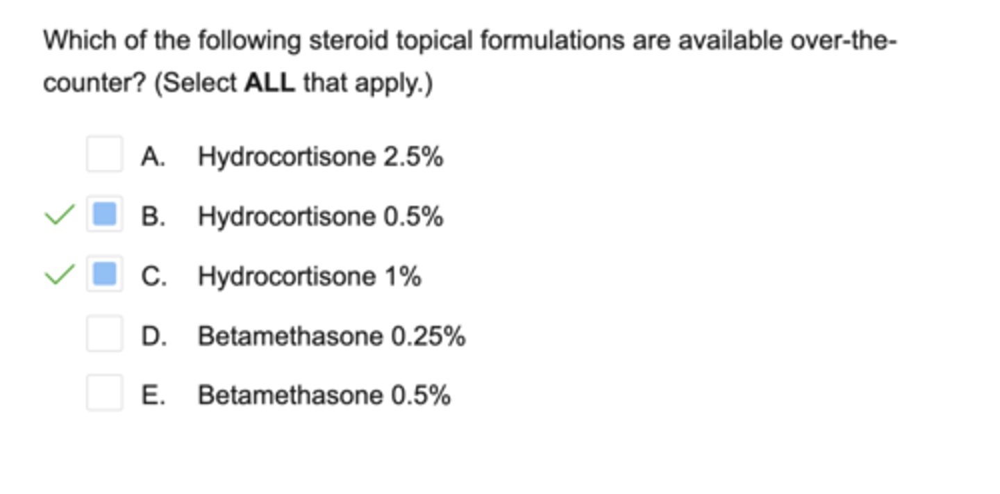 <p>hydrocortisone 0.5%</p><p>hydrocortisone 1%</p>