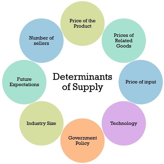 <p>Determinants of supply-<br>Price of inputs, market size/number of consumers, technology, government tools (taxes, subsidies and regulation), price of other goods, weather, producer expectations.</p>