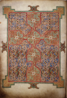 <p>Lindisfarne Gospels: St. Matthew, cross-carpet page; St. Luke portrait page; St. Luke incipit page</p>