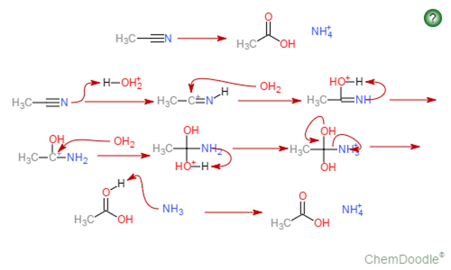 <p>1. protonate the nitrogen</p><p>2. attack the triple bond with water and then transfer one of the pi bonds onto the nitrogen (should be left with OH2, R, and NH)</p><p>3. protonate the nitrogen with one of the H2 of OH2</p><p>4. attack with water and transfer electrons onto the nitrogen</p><p>5. protonate NH2 with an H from OH2</p><p>6. have electrons from OH go down and then have NH3 leave</p><p>7. deprotonate</p>