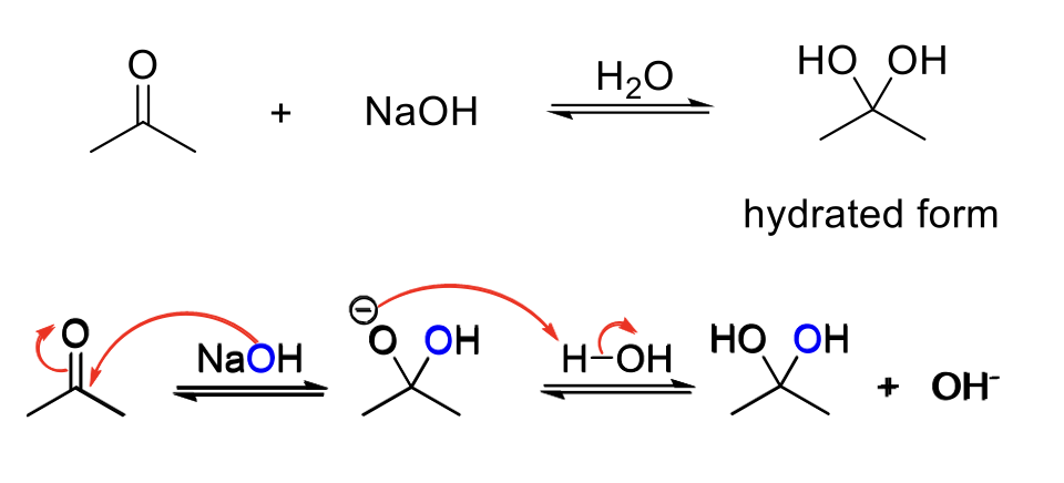 <p><strong>Notes:</strong></p><p>Acid conditions = OH<sup>-</sup></p><p>Adds two -OH to the carbonyl carbon. </p><p></p><p><strong>Mechanism:</strong></p><p>OH<sup>-</sup> attacks the carbonyl carbon. -O<sup>-</sup> is protonated.</p>