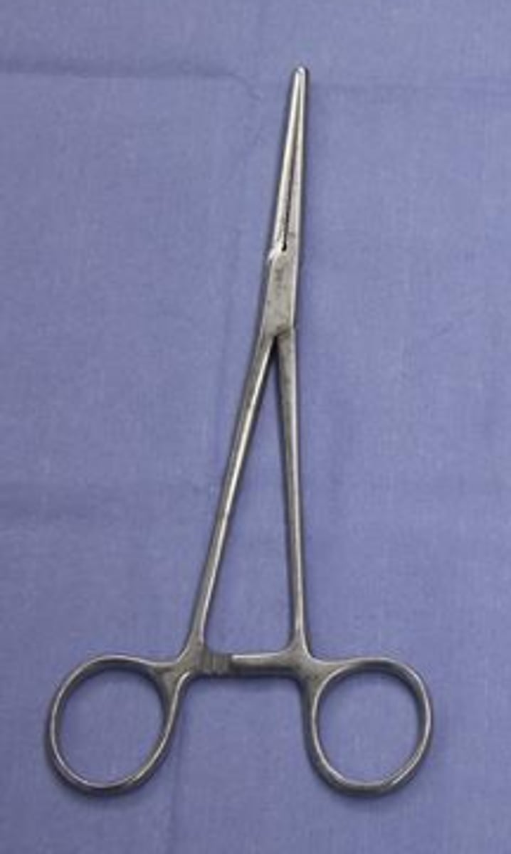 <p>A heavy, straight hemostat with interlocking teeth on the tip. It can be used to grasp heavy tissue or as a clamp. The jaws may be straight or curved.</p>