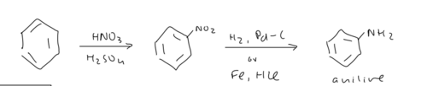 <p>react benzene with</p><p>1) HNO₃ and H₂SO₄</p><p>2) H₂, Pd-C or Fe, HCl</p>