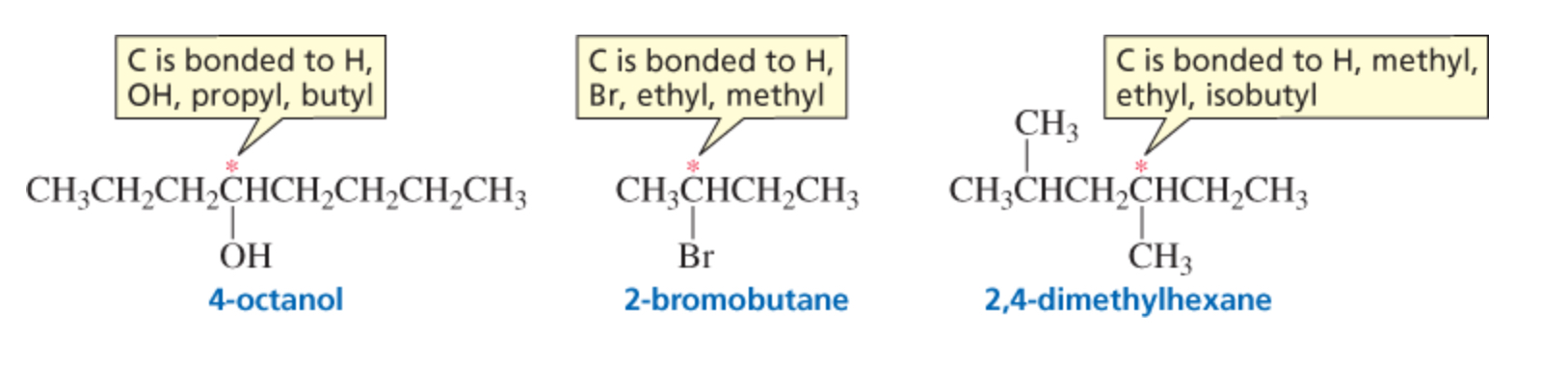 <ul><li><p>an asymmetric center - an atom bonded to four different groups</p></li><li><p>(only sp3 carbons can be asymmetric centers)</p></li></ul><p></p>