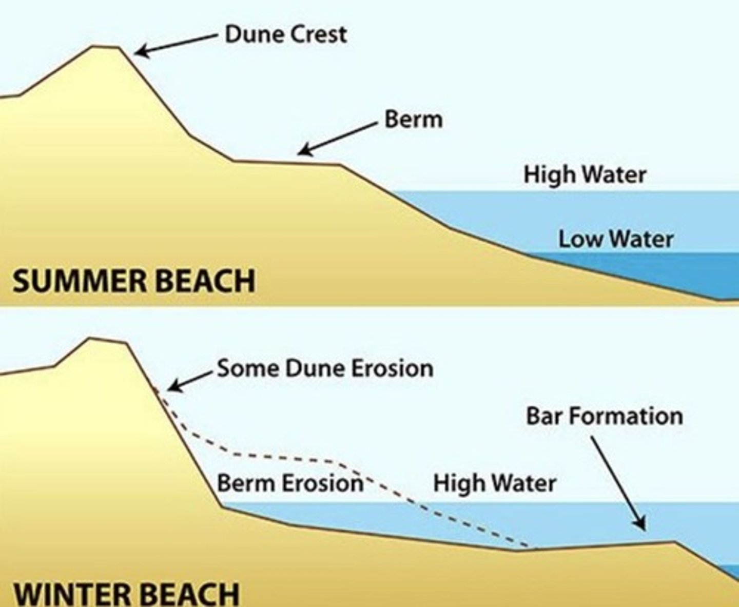 <p>In summer, beach profile conditions feature low wave height, with sediment moving onshore and a wide, flat beach.</p>