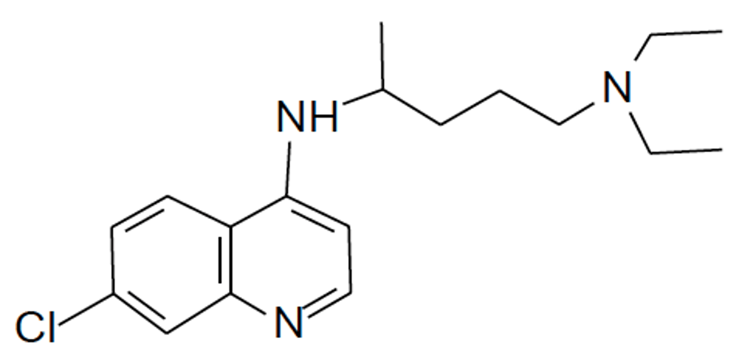<p>synthetic derivative of quinine that prevent conversion of hematin (toxic) to hemazoin (nontoxic)</p>