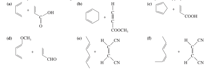 <p>(15.30) <span>Predict the products of the following Diels–Alder reactions. Include stereochemistry where appropriate.</span></p>