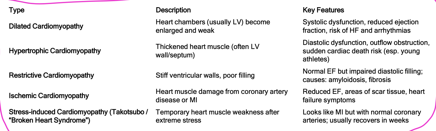 <ul><li><p><strong>Dilated cardiomyopathy:</strong> Most common; dilation of all chambers, ↓ contractility.</p></li><li><p><strong>Hypertrophic cardiomyopathy:</strong> Hypertrophied, nondilated LV → may obstruct LV outflow.</p></li><li><p><strong>Restrictive cardiomyopathy:</strong> Diastolic dysfunction with impaired ventricular filling during diastole.</p></li><li><p><strong>Ischemic cardiomyopathy:</strong> Due to coronary artery disease or prior MI.</p></li><li><p><strong>Arrhythmogenic right ventricular cardiomyopathy (ARVC):</strong> Inherited (autosomal dominant); fatty/fibrous replacement of RV → arrhythmias.</p></li><li><p><strong>Stress-induced (Takotsubo) cardiomyopathy:</strong> “Broken heart syndrome” → acute, reversible LV dysfunction triggered by severe emotional or physical stress.</p></li></ul><p></p>