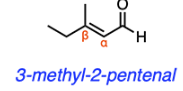<p>E</p><p><strong>Aldol condensation</strong> transforms a carbonyl (aldehyde/ketone) into an <strong>α, β unsaturated carbonyl</strong>. The phrase "α, β unsaturation" implies that the alkene occurs between the alpha carbon (one carbon away) and the beta carbon (two carbons away) adjacent to the carbonyl group. 3-methyl-2-pentenal (shown below) is the only α, β unsaturated carbonyl listed in the answer options. We can determine this by analyzing the molecule's name. The "-al" suffix in 3-methyl-2-pentenal suggests that the molecule contains an aldehyde, and aldehydes are always on carbon 1 of the parent chain. The "2" in front of pentenal suggests that the alkene starts on carbon 2, the alpha carbon in this case, and ends on carbon 3, the beta carbon in this case.</p><p>Though <strong>options A and B</strong> contain aldehydes and alkenes, the alkene in each molecule is not between the alpha and beta carbons. <strong>Options C and D</strong> are also incorrect because while they both contain aldehydes (and alcohols), neither of them contains an alkene.</p>