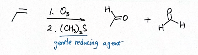 <p>Reagents: O3 &amp; (CH3)2S</p><p>Gentler than KMnO4, keeps aldehyde</p>