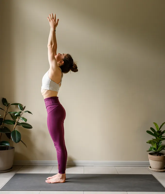 <p>Known as Tadasana. It is a basic yoga pose where hands are raised overhead and straight, palms facing each other, forming a figure of the number 11.</p>