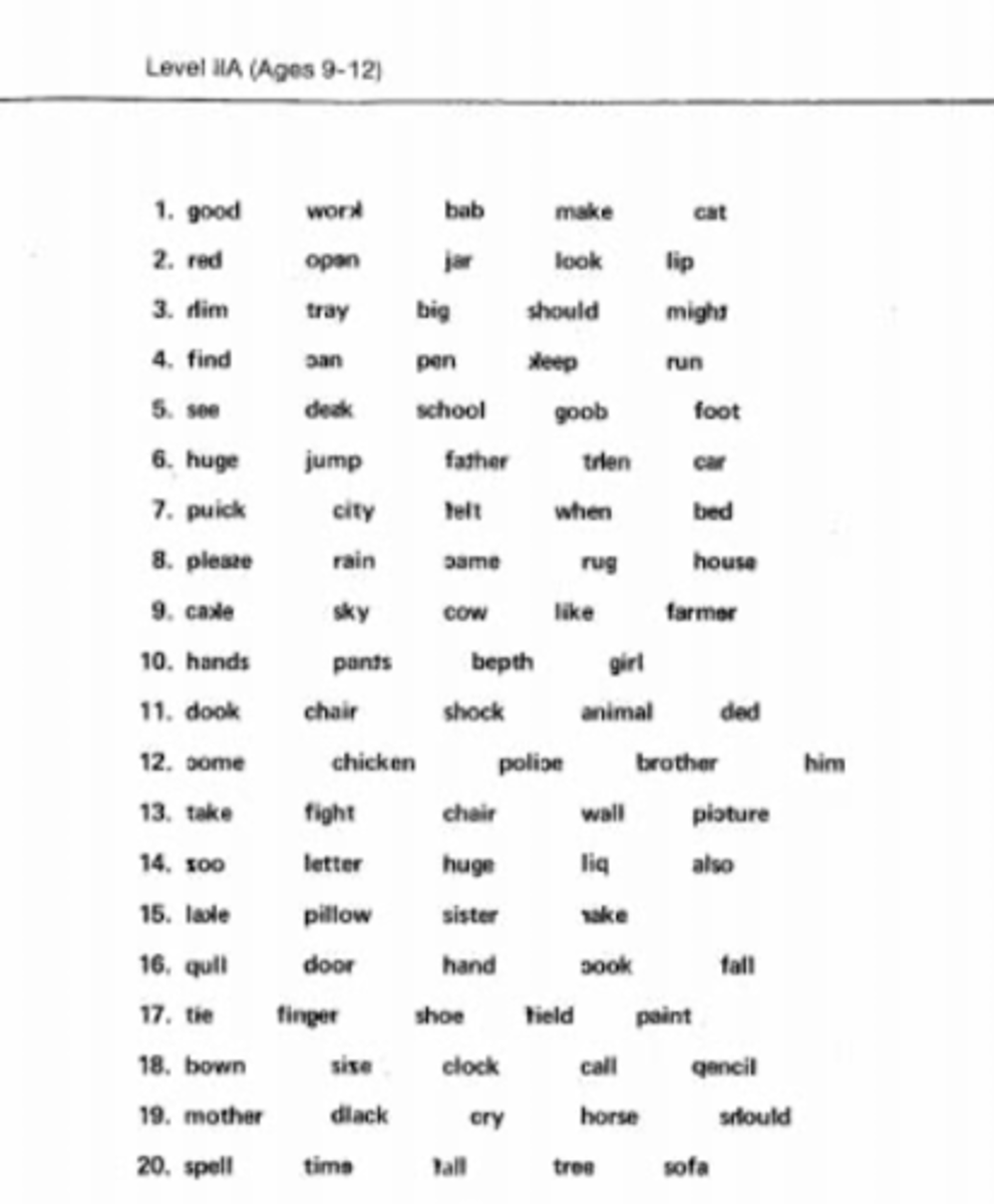 <p>circle the words with backward letters only do if pt is older than or equal to 9</p>